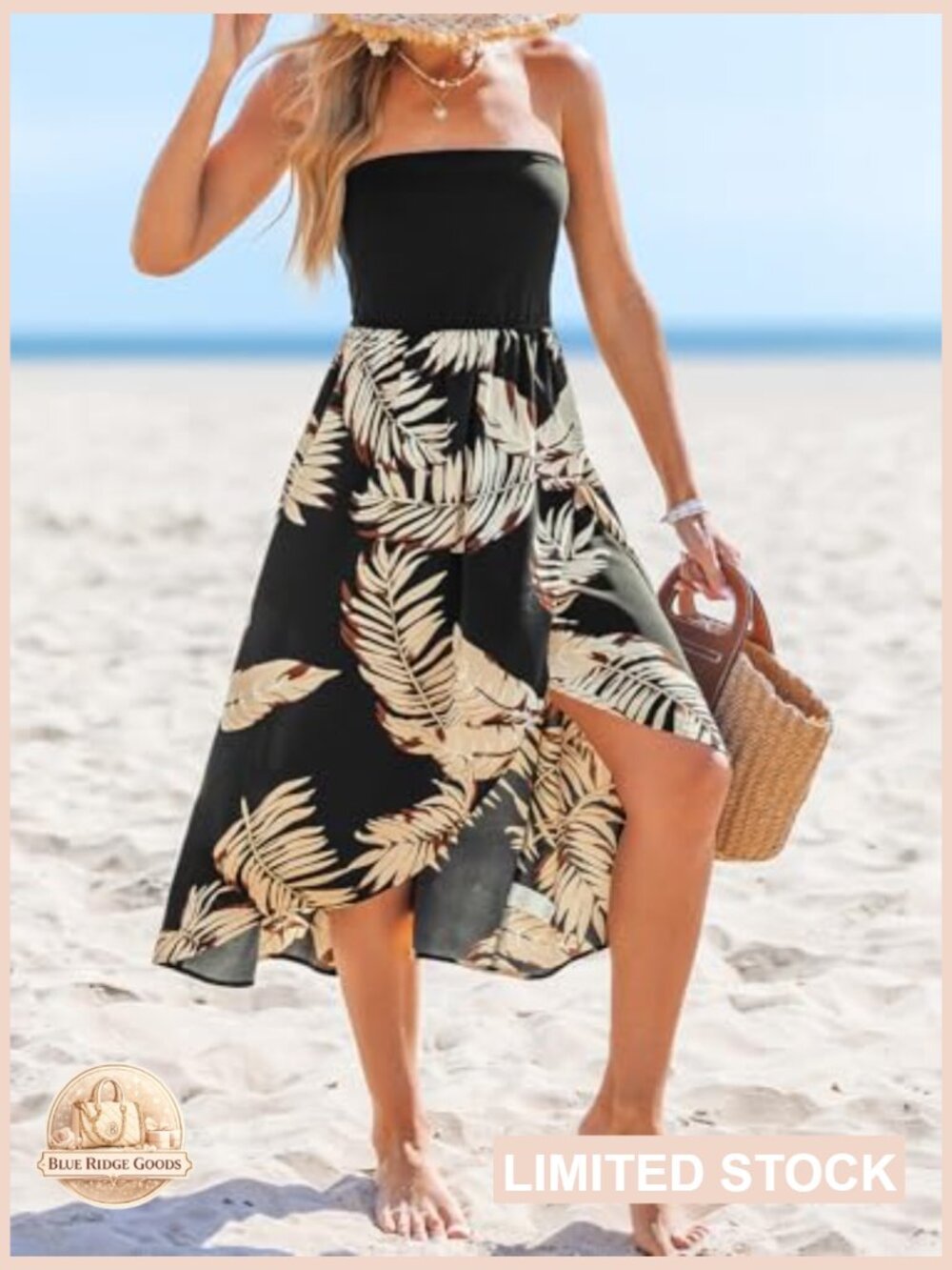CUPSHE Women Tube Floral Midi Summer Dress Straight Neck Split Hem Tropical - Picture 3 of 6